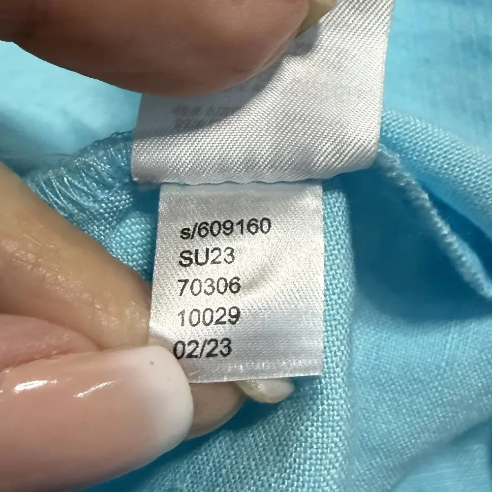 Loft Tiered Linen Blend Sundress Women’s Size 14 Aqua Blue Button Front Midi EUC